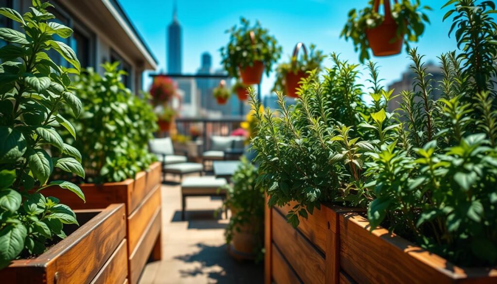 A vibrant urban balcony garden featuring a variety of herbs such as basil, mint, and rosemary flourishing in wooden planters. In the foreground, showcase a well-maintained herb planter with lush greenery, freshly watered, and draped in soft sunlight. The middle ground highlights a cozy, inviting space with stylish outdoor furniture and hanging pots. In the background, a city skyline can be seen peeking over the balcony edge, under a clear blue sky. The overall atmosphere is serene yet lively, suggesting a bountiful harvest. Utilize warm, natural lighting to bring out the vivid colors of the herbs. The angle should be slightly elevated to capture both the greenery and the urban backdrop effectively, focusing on the harmonious blend of nature and city life.