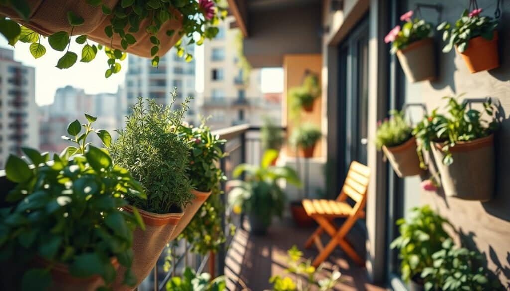 A vibrant urban garden scene featuring wall-mounted pocket planters filled with a variety of herbs and flowers. In the foreground, lush greenery emerges from beautifully arranged fabric pockets, showcasing plants like basil, mint, and succulents. The middle ground offers a cozy balcony or small terrace adorned with additional planters, with warm, inviting wooden furniture. In the background, urban apartment buildings are partially visible, bathed in soft, natural sunlight that emphasizes the freshness of the plants. The image captures a serene yet lively atmosphere, evoking a sense of innovation in tight spaces. Shot in bright daylight with a focus on colors and textures, using a shallow depth of field to create a soft bokeh effect, highlighting the beauty of urban gardening. A vibrant urban garden scene featuring wall-mounted pocket planters filled with a variety of herbs and flowers. In the foreground, lush greenery emerges from beautifully arranged fabric pockets, showcasing plants like basil, mint, and succulents. The middle ground offers a cozy balcony or small terrace adorned with additional planters, with warm, inviting wooden furniture. In the background, urban apartment buildings are partially visible, bathed in soft, natural sunlight that emphasizes the freshness of the plants. The image captures a serene yet lively atmosphere, evoking a sense of innovation in tight spaces. Shot in bright daylight with a focus on colors and textures, using a shallow depth of field to create a soft bokeh effect, highlighting the beauty of urban gardening.