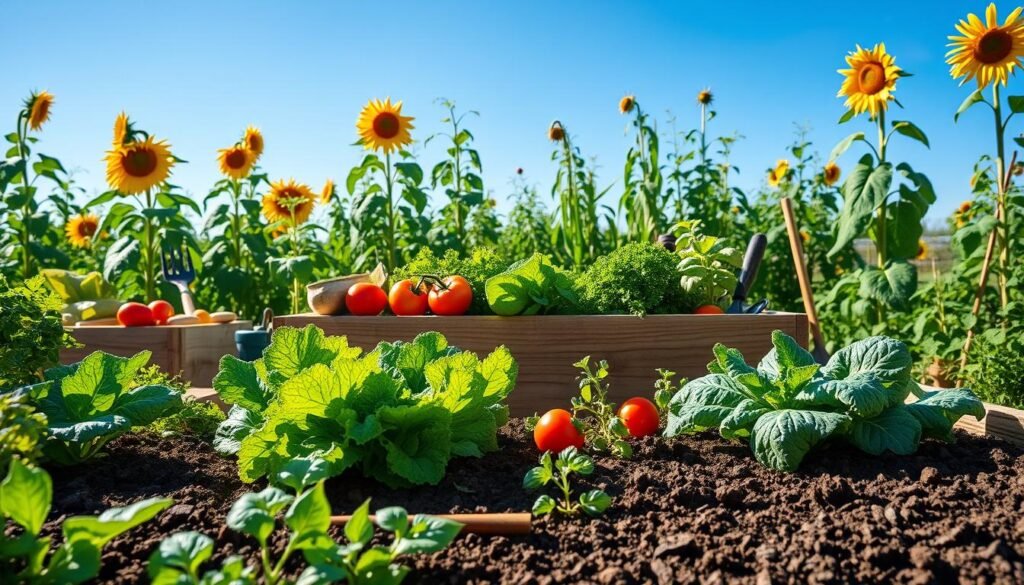 A vibrant vegetable garden scene featuring a DIY raised bed filled with a rich mixture of soil and compost. In the foreground, fresh greens like lettuce, spinach, and kale are thriving alongside colorful tomatoes and peppers. The middle ground showcases the raised bed constructed from rustic wood, surrounded by garden tools and planting accessories. In the background, tall sunflowers and herb plants add depth, while a clear blue sky provides a bright contrast. The lighting is soft and natural, with gentle sunlight filtering through the leaves, creating an inviting, airy atmosphere. The overall mood is one of tranquility and satisfaction in nature, perfect for inspiring readers about vegetable gardening.