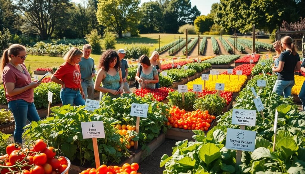 A vibrant vegetable garden scene showcasing a variety of vegetables suited for different climates, including tomatoes, peppers, and leafy greens. In the foreground, a diverse group of gardeners in casual clothing examines plant labels, discussing their choices with enthusiasm. The middle ground features colorful vegetable beds, each labeled with weather and climate symbols indicating their optimal growing conditions. The background displays a lush landscape with varying climates, like a sunny patch for tomatoes and a cooler area for leafy greens, under soft sunlight filtering through nearby trees. The atmosphere is warm and inviting, conveying the joy of gardening and the importance of selecting the right vegetables for local conditions. The image should feel energetic and informative, with bright natural light enhancing the colors of the vegetables and the enthusiasm of the gardeners.