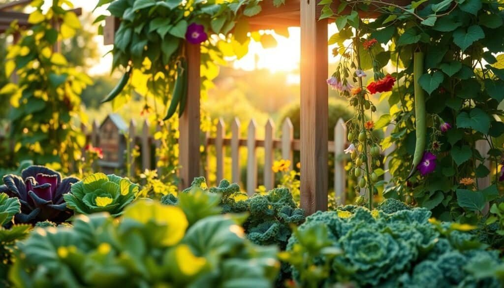 A vibrant vegetable garden scene showcasing a wooden trellis adorned with climbing plants like beans and peas. In the foreground, lush green leafy vegetables such as lettuce and kale create a rich tapestry of color. The middle ground features the trellis with delicate flowers like morning glories and nasturtiums climbing up, enhancing the visual appeal. The background contains a soft-focus view of a quaint garden fence and an array of bright sunshine filtering through the leaves, casting gentle shadows. Capture this serene garden setting in bright, natural light during the golden hour, conveying a warm, inviting atmosphere that emphasizes the benefits of vertical gardening. Use a wide-angle lens to encompass the beauty and depth of the garden layout.