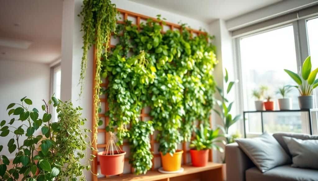 A vibrant vertical garden displayed in a modern living space, showcasing various plants arranged along a sleek wooden trellis. In the foreground, colorful herbs and trailing vines cascade down, with a few brightly colored pots adding pops of color. In the middle, the vertical structure is filled with lush greenery, creating a lively contrast against the light wall. In the background, soft sunlight filters through large windows, illuminating the space, while houseplants on a stylish shelf enhance the atmosphere of tranquility. The overall mood is fresh, inviting, and inspiring, suggesting maximum impact in a compact setting. Use a wide-angle lens to capture both the detail of the vertical garden and the breadth of the room. A vibrant vertical garden displayed in a modern living space, showcasing various plants arranged along a sleek wooden trellis. In the foreground, colorful herbs and trailing vines cascade down, with a few brightly colored pots adding pops of color. In the middle, the vertical structure is filled with lush greenery, creating a lively contrast against the light wall. In the background, soft sunlight filters through large windows, illuminating the space, while houseplants on a stylish shelf enhance the atmosphere of tranquility. The overall mood is fresh, inviting, and inspiring, suggesting maximum impact in a compact setting. Use a wide-angle lens to capture both the detail of the vertical garden and the breadth of the room.