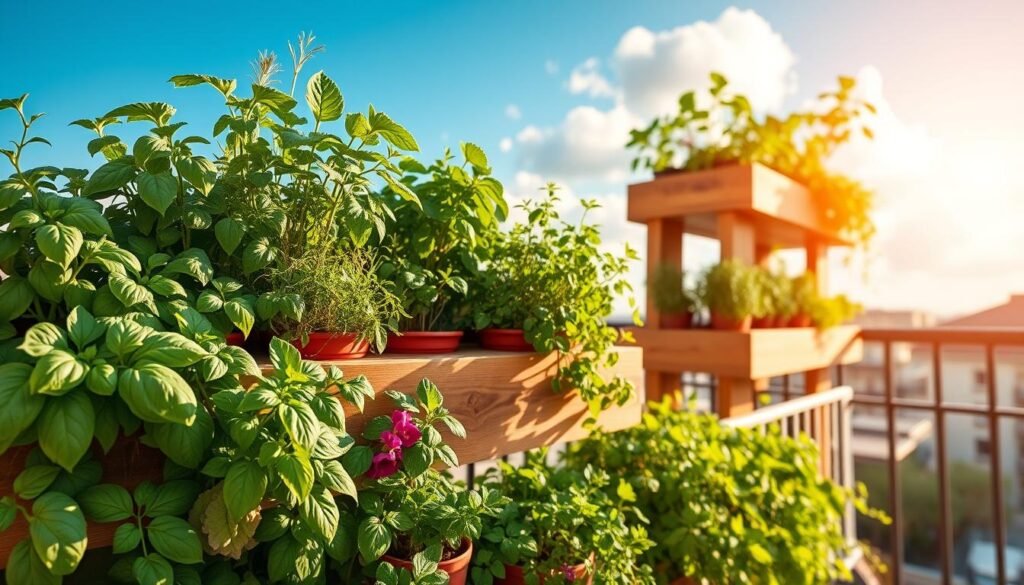 A vibrant vertical herb garden, overflowing with fresh basil, rosemary, thyme, and parsley, arranged in tiered wooden planters on a cozy balcony. The foreground features lush green herbs spilling over the edges of the planters, with a few delicate flower pots nestled in between for a pop of color. In the middle ground, a sunlit balcony railing showcases the design, with wooden planters reaching up to the sky, capturing the essence of space-saving gardening. The background displays a clear blue sky and soft fluffy clouds, enhancing the serene atmosphere. The scene is bathed in warm, soft sunlight, evoking a bright and airy feeling, perfect for apartment living. The image captures the tranquility of urban gardening, inviting viewers to imagine their own herb garden.