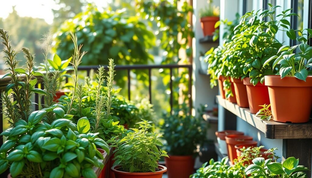 A vibrant vertical herb garden set against a charming balcony backdrop. In the foreground, a variety of herbs such as basil, rosemary, and mint are arranged in tiered planters, showcasing lush greenery and rich textures. The middle ground features wooden shelves adorned with pots, capturing an organized and inviting layout. In the background, soft sunlight filters through leafy plants, creating a serene, airy atmosphere. The scene is enriched by the warm glow of late afternoon light, illuminating the colors of the herbs and enhancing the freshness of the space. The overall mood is peaceful and inspiring, ideal for anyone looking to cultivate their own garden in limited spaces.