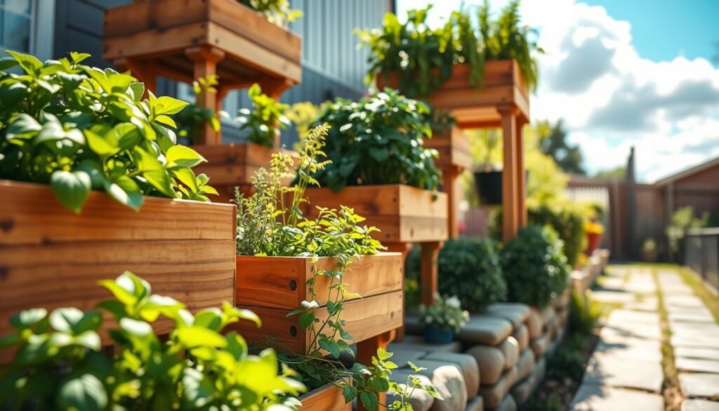 A vibrant, well-lit backyard scene showcasing tiered planter boxes filled with a variety of herbs, including basil, thyme, and mint. The planter boxes, made from natural wood, are arranged in a cascading layout, emphasizing a DIY aesthetic with charming imperfections. In the foreground, soft sunlight filters through leafy green plants, illuminating the rich textures of the wood and the lush greenery. The middle ground features a rustic stone pathway leading to the tiered planters, while the background includes a soft blur of a bright blue sky with fluffy white clouds, enhancing the airy atmosphere. The overall mood is inviting and serene, perfect for encouraging backyard gardening enthusiasts.