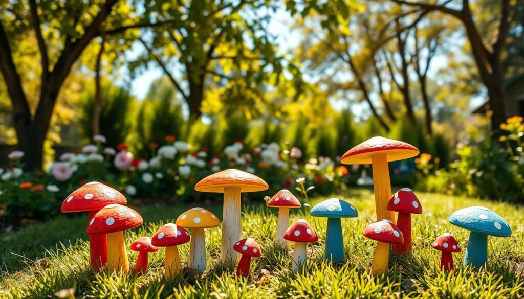 A vibrant, whimsical scene showcasing DIY outdoor toadstools in a lush garden setting. In the foreground, a variety of colorful toadstools, hand-painted in bright reds, yellows, and blues, are crafted from wood and arranged on a grassy patch. The middle ground features blooming flowers and greenery, enhancing the magical feel. In the background, sun-dappled trees playfully cast soft shadows, and a clear blue sky peeks through the leaves, adding to the serene atmosphere. The scene is bathed in warm, natural light, with soft sunlight filtering through, creating a cheerful and inviting mood. The composition is captured from a slightly elevated angle to emphasize the enchanting details of the toadstools and the surrounding garden.
