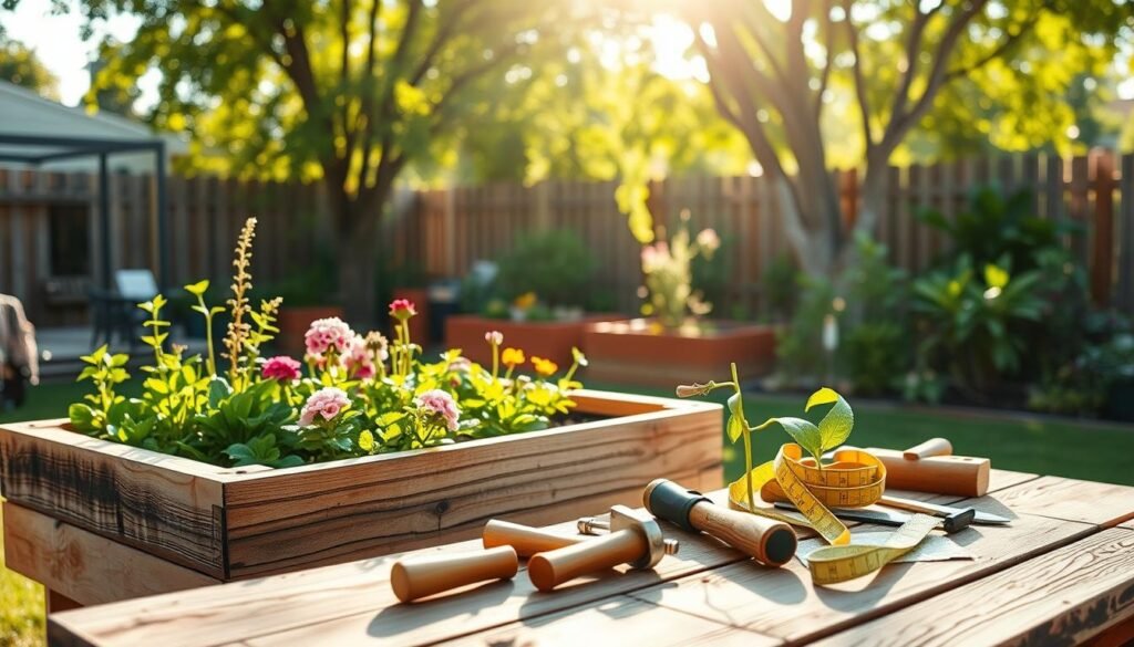 A well-constructed, affordable raised garden bed made from wooden planks, prominently displayed in the foreground. The bed is filled with vibrant green plants and colorful flowers, showcasing a flourishing garden. In the middle ground, an assortment of essential DIY tools—like a hammer, saw, and measuring tape—are neatly arranged on a rustic wooden table, hinting at the project’s hands-on nature. The background features a sunny, well-maintained backyard, bathed in warm, soft sunlight that filters through leafy trees, creating an inviting and tranquil atmosphere. Use a shallow depth of field to emphasize the garden bed and tools, ensuring a bright and airy feel to the whole composition.