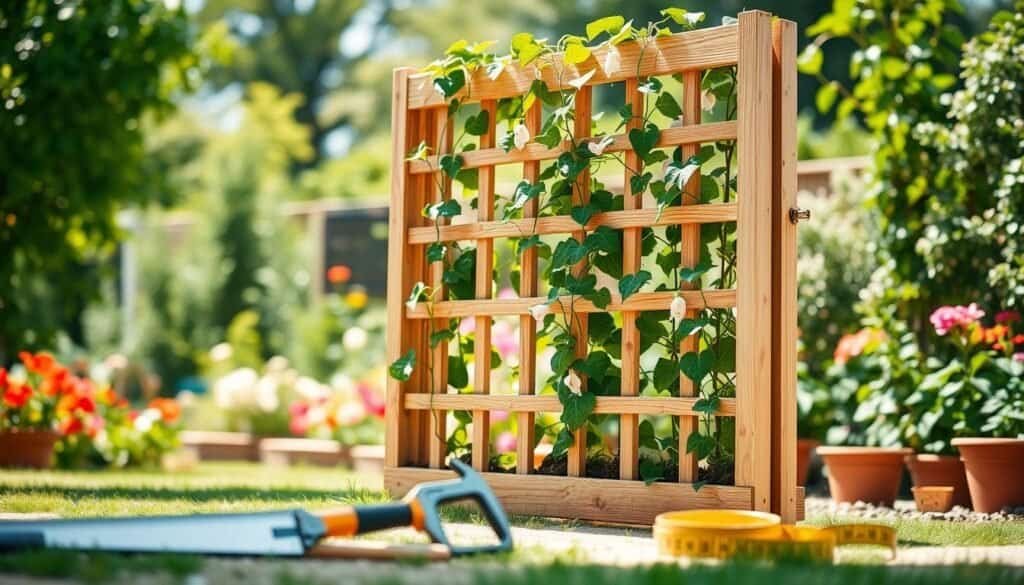 A well-constructed wooden trellis for climbing plants, positioned in a sunny backyard garden. In the foreground, tools like a saw, hammer, and measuring tape are neatly arranged alongside the trellis, emphasizing a DIY atmosphere. The middle ground showcases the trellis, made of natural wood with a grid-like design, adorned with lush green climbing plants like sweet peas and ivy reaching upward. The background features blooming flowers and a soft-focus of a vibrant garden, creating a harmonious outdoor setting. The scene is bathed in bright, natural light with soft sunlight filtering through the leaves, conveying a cheerful and inviting mood. The perspective is slightly angled to capture both the details of the trellis and the beauty of the surrounding plants.