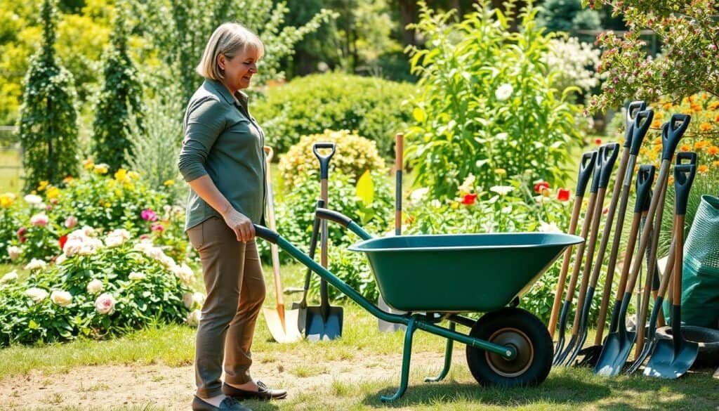 A well-maintained outdoor garden setting focused on proper lifting techniques with heavy garden tools. In the foreground, a middle-aged woman dressed in modest casual clothing is demonstrating safe lifting posture while holding a large wheelbarrow. Her stance reflects proper technique: a bent knee approach and straight back. In the middle, a variety of neatly organized garden tools, such as shovels and rakes, are positioned safely on the ground, emphasizing their importance in preventing accidents. The background features a lush garden with blooming flowers under bright natural sunlight, creating an airy and well-lit atmosphere. The scene captures an informative and professional mood, highlighting garden tool safety practices.