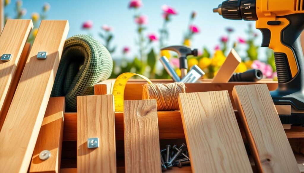A well-organized arrangement of essential materials for building durable wooden planter boxes, featuring smooth, untreated wooden planks, galvanized screws, metal corner brackets, and a sturdy electric drill. In the foreground, place several wooden boards with varying lengths, showing their natural grain and texture, next to a roll of landscape fabric and a spool of outdoor-rated twine, all illuminated by soft, warm sunlight. In the middle ground, include a neatly arranged toolbox containing measuring tape, a saw, and a hammer. In the background, a blurred garden setting subtly suggests vibrant flower beds under a clear blue sky, creating a cheerful and inviting atmosphere. The image should have bright, natural light enhancing the rustic charm of the materials, captured using a slightly elevated angle for an engaging perspective. A well-organized arrangement of essential materials for building durable wooden planter boxes, featuring smooth, untreated wooden planks, galvanized screws, metal corner brackets, and a sturdy electric drill. In the foreground, place several wooden boards with varying lengths, showing their natural grain and texture, next to a roll of landscape fabric and a spool of outdoor-rated twine, all illuminated by soft, warm sunlight. In the middle ground, include a neatly arranged toolbox containing measuring tape, a saw, and a hammer. In the background, a blurred garden setting subtly suggests vibrant flower beds under a clear blue sky, creating a cheerful and inviting atmosphere. The image should have bright, natural light enhancing the rustic charm of the materials, captured using a slightly elevated angle for an engaging perspective.
