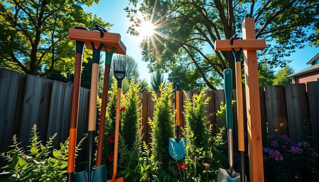 A well-organized backyard featuring a vertical hanging system for garden tools, specifically rakes and shovels. In the foreground, display sturdy wooden racks mounted on a fence, showcasing several neatly hung tools with colorful handles. The middle ground includes lush green plants and vibrant flowers, enhancing the garden's appeal. In the background, a sun-drenched blue sky filters through leafy trees, adding a touch of natural beauty. The scene is bathed in bright, soft natural light, creating an airy and inviting atmosphere. Use a wide-angle lens to capture the arrangement and depth, emphasizing both the functionality and creative aspects of the tool storage. The overall mood should be inspiring and organized, radiating a sense of productive gardening. A well-organized backyard featuring a vertical hanging system for garden tools, specifically rakes and shovels. In the foreground, display sturdy wooden racks mounted on a fence, showcasing several neatly hung tools with colorful handles. The middle ground includes lush green plants and vibrant flowers, enhancing the garden's appeal. In the background, a sun-drenched blue sky filters through leafy trees, adding a touch of natural beauty. The scene is bathed in bright, soft natural light, creating an airy and inviting atmosphere. Use a wide-angle lens to capture the arrangement and depth, emphasizing both the functionality and creative aspects of the tool storage. The overall mood should be inspiring and organized, radiating a sense of productive gardening.