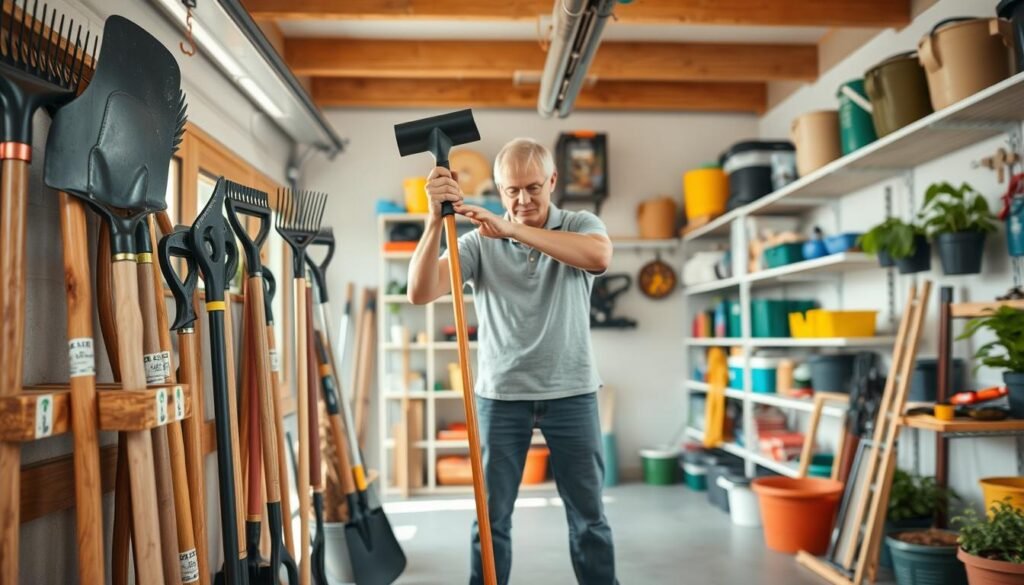 A well-organized garage space showcasing garden tool storage safety tips. In the foreground, various gardening tools like shovels, rakes, and pruning shears are neatly arranged on a sturdy wooden rack, with labels indicating safe handling practices. In the middle, a person in modest casual attire demonstrating proper lifting techniques for a heavy tool, with a focus on their posture and grip. The background features shelves filled with various gardening supplies, all in a brightly lit garage with soft natural sunlight filtering through the windows. Use a wide-angle lens to capture the depth of the space, evoking an atmosphere of organization and safety in the home gardening environment. A well-organized garage space showcasing garden tool storage safety tips. In the foreground, various gardening tools like shovels, rakes, and pruning shears are neatly arranged on a sturdy wooden rack, with labels indicating safe handling practices. In the middle, a person in modest casual attire demonstrating proper lifting techniques for a heavy tool, with a focus on their posture and grip. The background features shelves filled with various gardening supplies, all in a brightly lit garage with soft natural sunlight filtering through the windows. Use a wide-angle lens to capture the depth of the space, evoking an atmosphere of organization and safety in the home gardening environment.