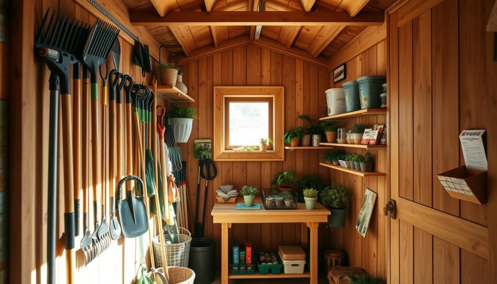 A well-organized garden shed interior with a focus on wall-mounted storage solutions. In the foreground, a sturdy wooden tool rack displays an array of neatly hung gardening tools such as rakes, shovels, and pruning shears. The middle ground features a compact workbench with potted plants and gardening books, providing a functional space for DIY projects. The background showcases shelving filled with seed packets and gardening supplies, all under bright natural light streaming in through a small window. The atmosphere is inviting and practical, with soft sunlight highlighting the warm wood tones and green accents. The angle captures a wide view that emphasizes both organization and accessibility, creating a sense of harmony in the small shed space. A well-organized garden shed interior with a focus on wall-mounted storage solutions. In the foreground, a sturdy wooden tool rack displays an array of neatly hung gardening tools such as rakes, shovels, and pruning shears. The middle ground features a compact workbench with potted plants and gardening books, providing a functional space for DIY projects. The background showcases shelving filled with seed packets and gardening supplies, all under bright natural light streaming in through a small window. The atmosphere is inviting and practical, with soft sunlight highlighting the warm wood tones and green accents. The angle captures a wide view that emphasizes both organization and accessibility, creating a sense of harmony in the small shed space.