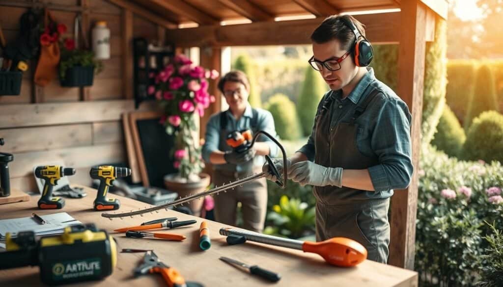 A well-organized garden shed scene showcasing the proper use of power gardening equipment. In the foreground, a neatly arranged workbench with safety-conscious tools, like a cordless drill, pruning shears, and gloves. In the middle, a person in professional work attire, demonstrating safe handling of a power trimmer, wearing appropriate safety goggles and ear protection. The background features a lush garden with vibrant flowers and neatly trimmed hedges, bathed in soft, natural sunlight that creates an inviting atmosphere. The angle is slightly elevated, capturing the diligence in proper tool usage while emphasizing safety. The overall mood is focused and educational, highlighting the importance of safety in gardening.