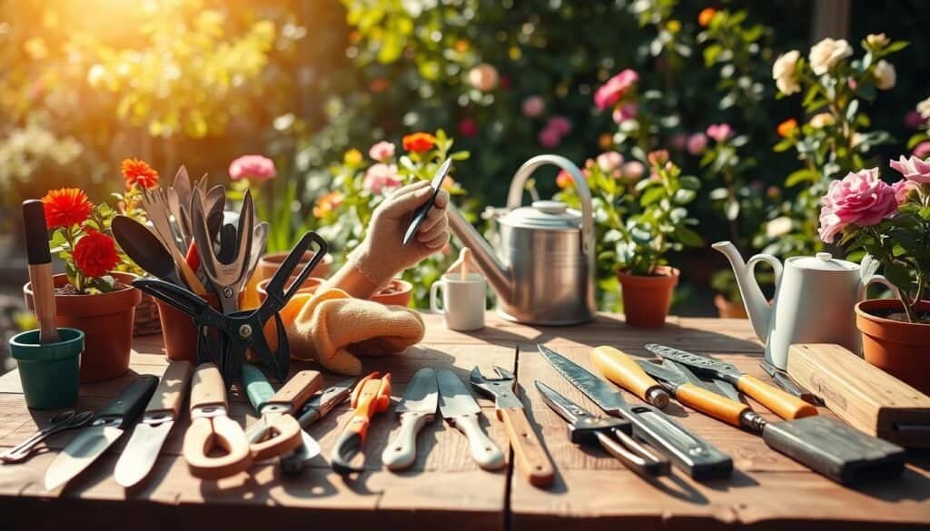 A well-organized garden workspace focused on tool safety featuring a wooden table in the foreground, holding common garden tools like pruners, trowels, and gloves, arranged neatly to emphasize proper storage. In the middle, a pair of hands with gloves applying safety measures, such as checking the sharpness of a tool, surrounded by vibrant potted plants and a watering can. In the background, a sunny, lush garden with blooming flowers and greenery, capturing a sense of tranquility and safety. The scene is bathed in soft, natural light, creating a warm, welcoming atmosphere, with a shallow depth of field to accentuate the tools and hands while gently blurring the background.
