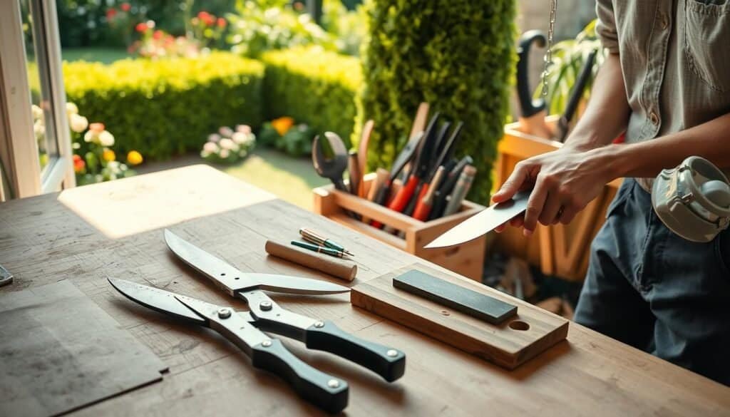 A well-organized garden workspace showcasing proper use and maintenance of garden cutting tools. In the foreground, a pair of clean, sharp pruning shears rests next to an uncluttered wooden workbench, where a gardener, dressed in modest casual clothing, is meticulously sharpening a garden knife with a small whetstone. In the middle, natural light streams through a nearby window, illuminating a variety of tidy, well-maintained tools, such as loppers and hand pruners, neatly arranged in a wooden tool rack. The background features a lush, green garden, with vibrant flowers and neatly trimmed hedges, creating a serene and inviting atmosphere. Soft sunlight enhances the sense of care and attention to detail in the scene.