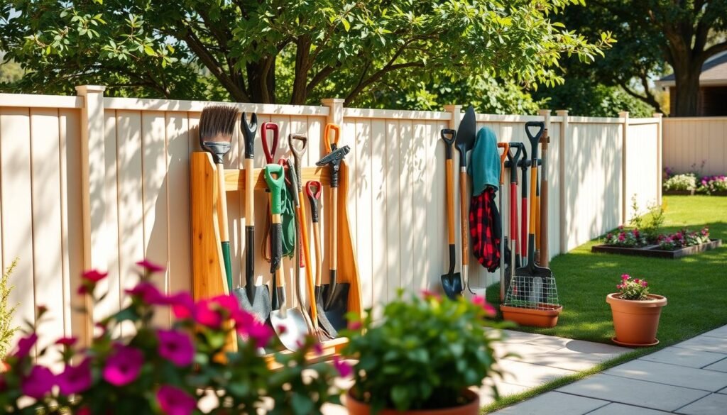 A well-organized outdoor tool storage setup in a sunny backyard, featuring a wooden garden tool rack loaded with neatly arranged tools like shovels, rakes, and pruning shears. In the foreground, pots of vibrant plants add a touch of color. The middle ground showcases the tool rack, constructed from weatherproof wood with a rustic finish, positioned against a light-colored fence. Sunlight filters through the leaves of nearby trees, casting soft shadows and creating an inviting atmosphere. In the background, a well-manicured lawn and a small flower bed enhance the scene, making it feel serene and functional. The image should capture the essence of outdoor organization in bright, natural light, highlighting the durability and practicality of the tool storage solution. A well-organized outdoor tool storage setup in a sunny backyard, featuring a wooden garden tool rack loaded with neatly arranged tools like shovels, rakes, and pruning shears. In the foreground, pots of vibrant plants add a touch of color. The middle ground showcases the tool rack, constructed from weatherproof wood with a rustic finish, positioned against a light-colored fence. Sunlight filters through the leaves of nearby trees, casting soft shadows and creating an inviting atmosphere. In the background, a well-manicured lawn and a small flower bed enhance the scene, making it feel serene and functional. The image should capture the essence of outdoor organization in bright, natural light, highlighting the durability and practicality of the tool storage solution.