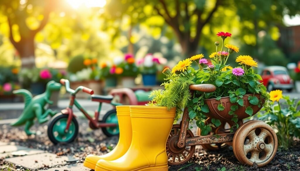 A whimsical garden scene featuring unconventional planters made from vibrant rubber boots and colorful old toys. In the foreground, a pair of cheerful yellow rubber boots, overflowing with lush green ferns, alongside a rusty toy tricycle transformed into a charming planter filled with bright flowers. In the middle ground, scattered vintage toys like a green plastic dinosaur and a red fire truck act as unique planters, each bursting with seasonal blooms. The background showcases a sunlit garden with soft sunlight filtering through leafy trees, creating a warm and inviting atmosphere. The image should have a bright, airy feel, captured with a shallow depth of field to emphasize the playful textures of the planters.