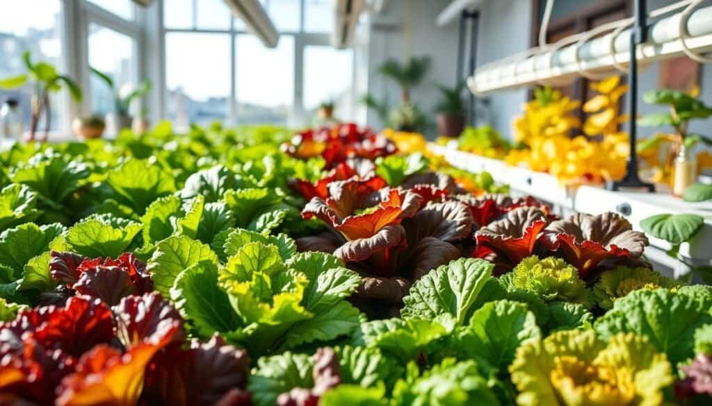 An array of vibrant vegetables thriving in a hydroponic indoor garden, prominently featuring leafy greens like lettuce, kale, and spinach in the foreground. Each plant displays rich textures and bright hues, reflecting healthy growth. In the middle ground, neatly arranged hydroponic systems with water tubes and nutrient solutions should be visible, demonstrating a modern indoor setup. The background reveals a bright, airy room with natural light streaming through large windows, casting soft shadows and highlights on the plants. The atmosphere is fresh and inviting, emphasizing the possibilities of indoor gardening. The scene showcases realistic home décor elements, blending nature and style seamlessly.