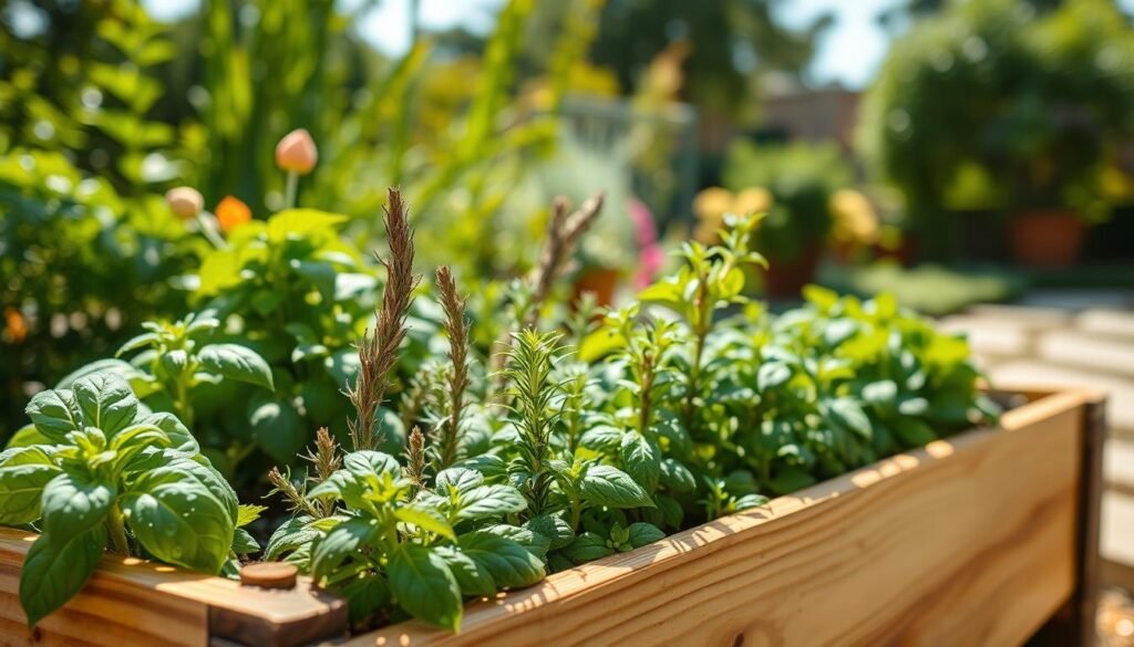 An enchanting outdoor herb garden scene, showcasing a DIY raised garden bed brimming with lush, vibrant herbs such as basil, rosemary, and mint. In the foreground, focus on a beautifully arranged wooden garden bed, crafted with natural tones, conveying a rustic charm. The middle ground features a variety of herbs, each visually distinct and healthy, with delicate drops of morning dew glistening on their leaves. The background showcases a soft blur of green foliage and a sunny garden path, enhancing the inviting atmosphere. Natural light pours in from a bright sky, casting a warm glow and soft shadows, creating an uplifting, peaceful mood. Capture the scene from a slightly elevated angle to provide a comprehensive view of this thriving herb garden.