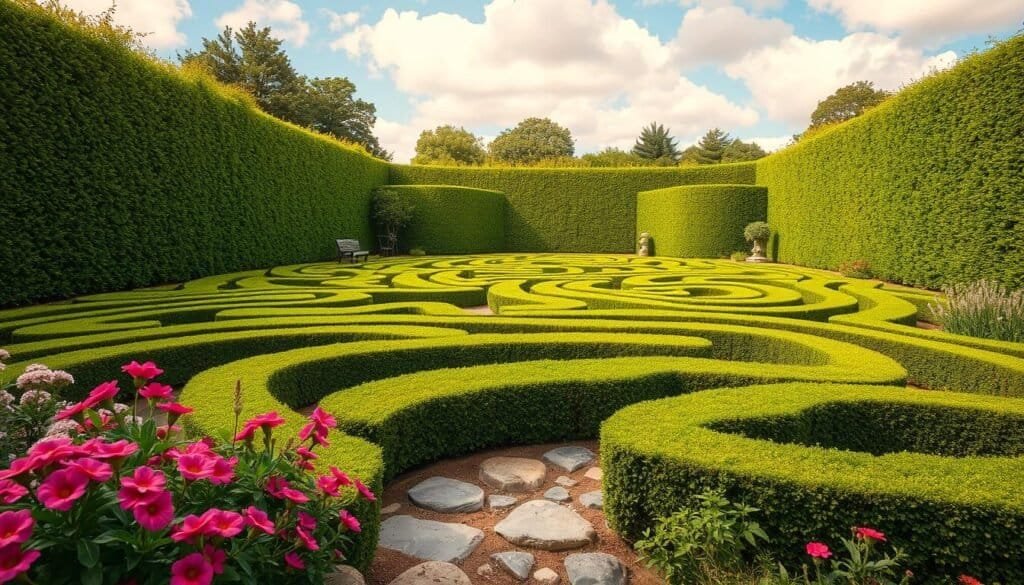 An expansive outdoor garden maze layout, featuring lush greenery and meticulously trimmed hedges forming intricate patterns and pathways. The foreground reveals vibrant flowering plants and decorative stones, inviting onlookers to explore. In the middle ground, tall hedges create a labyrinthine experience, while gentle curves and turns lead to hidden corners filled with cozy benches and whimsical garden ornaments. The background showcases a bright blue sky with soft, fluffy clouds, illuminated by warm, natural sunlight, creating a serene and inviting atmosphere. The perspective captures the maze from a slightly elevated angle, emphasizing its complexity and beauty, while maintaining a sense of tranquility and charm in the garden.
