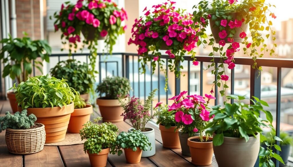 An inviting balcony scene showcasing various outdoor plant pot ideas. In the foreground, a wooden table features a selection of beautifully potted herbs and flowers in unique containers—terracotta pots, woven baskets, and ceramic planters. The middle ground reveals a railing adorned with vibrant hanging planters overflowing with colorful geraniums and trailing ivy. In the background, a sunny urban landscape is depicted, with soft sunlight filtering through the leaves, creating a warm, bright atmosphere. The image should have a shallow depth of field to focus on the plant arrangements while gently blurring the cityscape. Overall, the mood is fresh, lively, and inspirational, perfect for container gardening enthusiasts.