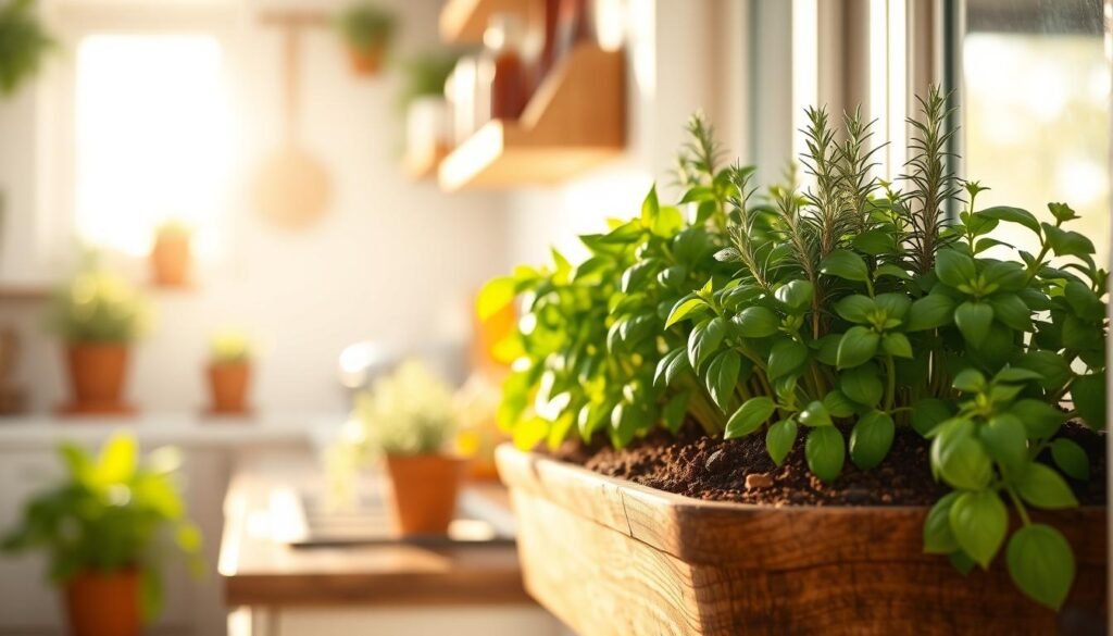 An inviting window box herb planter brimming with vibrant green basil, rosemary, and thyme, set against a sunlit kitchen backdrop. In the foreground, the planter sits on a rustic wooden sill, showcasing rich soil and healthy herbs. The middle ground features a bright kitchen filled with natural light streaming through the window, illuminating the herbs and reflecting off nearby potted plants. The background includes soft-focus hints of culinary utensils and a cheerful, organized kitchen atmosphere. The scene is bathed in warm, soft sunlight that creates a welcoming and nurturing mood. The angle is slightly from above, capturing the lush greenery and inviting space, emphasizing the appeal of the window box over a traditional garden.
