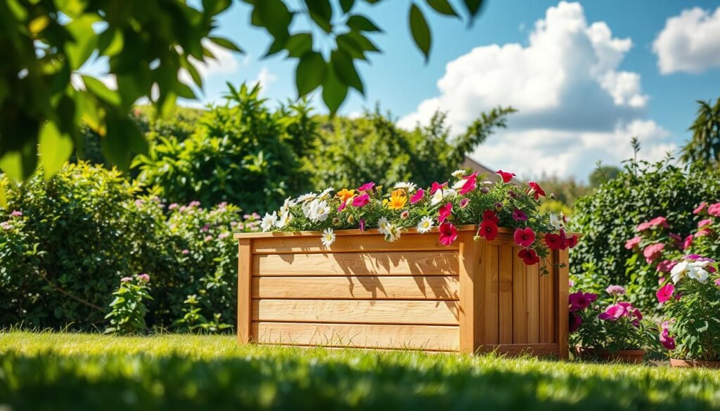 An outdoor storage box made of weather-resistant wood, beautifully crafted with a natural finish, sits in a lush garden. The box is adorned with vibrant flowers, including daisies and petunias, spilling out from the sides, adding a touch of color and life. In the foreground, soft sunlight filters through leaves above, creating dappled patterns on the ground. The middle ground features the storage box against a backdrop of green shrubs and colorful blossoms, highlighting the harmony of nature and functionality. The background showcases a bright blue sky dotted with fluffy clouds, enhancing the cheerful atmosphere. Use a shallow depth of field to softly blur the foliage, focusing on the storage box. The overall mood is inviting and serene, perfect for a cozy backyard setting. An outdoor storage box made of weather-resistant wood, beautifully crafted with a natural finish, sits in a lush garden. The box is adorned with vibrant flowers, including daisies and petunias, spilling out from the sides, adding a touch of color and life. In the foreground, soft sunlight filters through leaves above, creating dappled patterns on the ground. The middle ground features the storage box against a backdrop of green shrubs and colorful blossoms, highlighting the harmony of nature and functionality. The background showcases a bright blue sky dotted with fluffy clouds, enhancing the cheerful atmosphere. Use a shallow depth of field to softly blur the foliage, focusing on the storage box. The overall mood is inviting and serene, perfect for a cozy backyard setting.