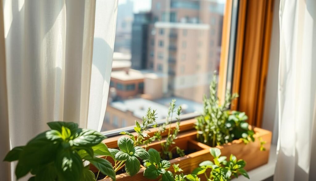 Bright, airy apartment window with a charming small space herb garden, featuring vibrant green basil, rosemary, and thyme in neat, wooden window boxes. The sunlight filters softly through sheer curtains, casting gentle shadows on the wood-paneled sill. In the foreground, close-up shots of dew-kissed leaves reveal intricate details and textures. In the middle, the herbs thrive in their cozy home, surrounded by a backdrop of soft, blurred cityscape views outside the window, hinting at urban life. The atmosphere is serene and inviting, with warm, natural lighting suggesting a peaceful morning. The scene captures the essence of space efficiency and the beauty of nature within an urban setting, showcasing how vibrant herbs can transform small living spaces into lush indoor gardens.