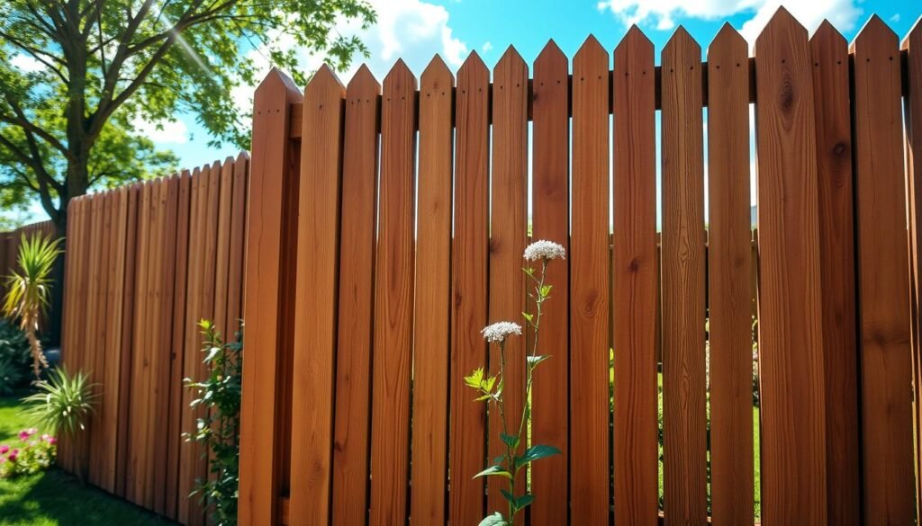 Cedar wood fencing intricately designed as a decorative garden fence panel, showcasing rich reddish-brown tones and distinct wood grain patterns, arranged in vertical slats. In the foreground, a close-up view captures the smooth texture and natural imperfections of the cedar boards, highlighted by soft sunlight filtering through nearby trees. The middle ground features the complete fence structure, standing tall to create a sense of privacy, surrounded by vibrant green plants and colorful flowers. In the background, a tranquil backyard scene is set with a blue sky and fluffy white clouds, enhancing the serene atmosphere. The overall mood is peaceful and inviting, perfect for a DIY garden project. The scene is well-lit and airy, capturing the warm essence of a sunny day in a beautifully landscaped yard. Cedar wood fencing intricately designed as a decorative garden fence panel, showcasing rich reddish-brown tones and distinct wood grain patterns, arranged in vertical slats. In the foreground, a close-up view captures the smooth texture and natural imperfections of the cedar boards, highlighted by soft sunlight filtering through nearby trees. The middle ground features the complete fence structure, standing tall to create a sense of privacy, surrounded by vibrant green plants and colorful flowers. In the background, a tranquil backyard scene is set with a blue sky and fluffy white clouds, enhancing the serene atmosphere. The overall mood is peaceful and inviting, perfect for a DIY garden project. The scene is well-lit and airy, capturing the warm essence of a sunny day in a beautifully landscaped yard.