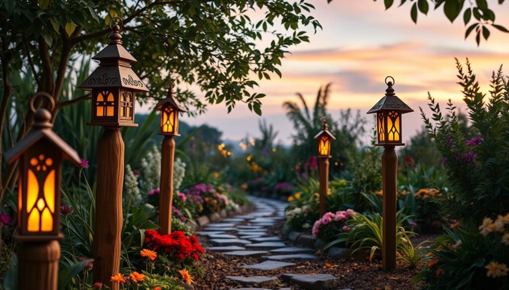 Create a serene garden scene featuring creative garden path markers that incorporate unique lighting ideas. In the foreground, display beautifully crafted wooden posts with artistic designs, each topped with warm, glowing lanterns that softly illuminate their surroundings. In the middle ground, integrate a winding path lined with vibrant flowers and lush greenery, with subtle lighting enhancing the natural beauty of the plants. The background should showcase a tranquil evening sky, painted in soft pastels, with glowing fireflies adding a magical touch. Capture the atmosphere in bright natural light with soft sunlight filtering through the leaves, creating an inviting and peaceful ambiance. Use a shallow depth of field to emphasize the detail in the markers while softly blurring the background, enhancing the dreamlike quality of the scene.