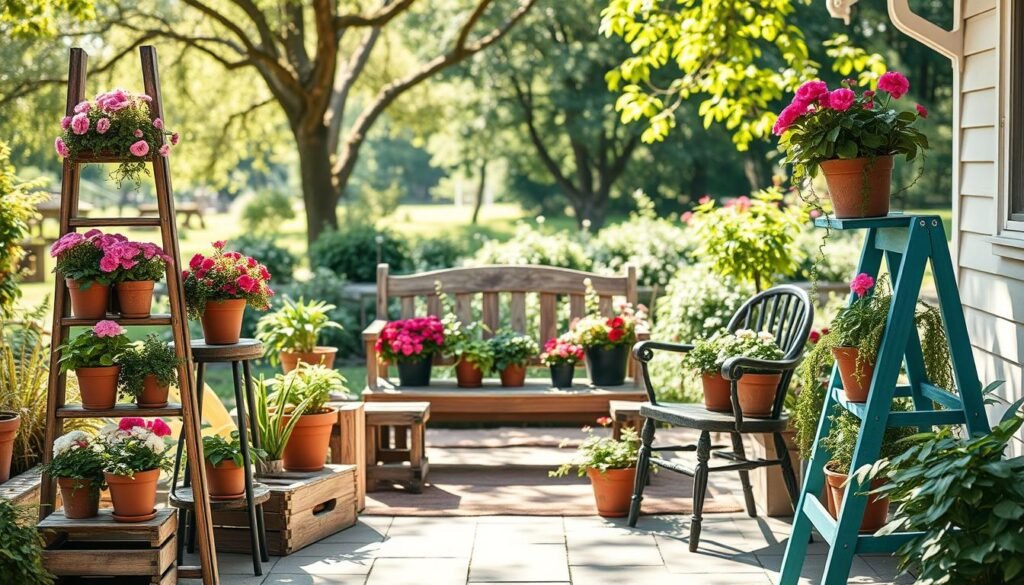 Create an image of creative plant stands made from repurposed furniture, set in an inviting outdoor garden. In the foreground, showcase unique stands crafted from old ladders, wooden crates, and vintage chairs, adorned with vibrant pots of blossoming flowers and lush greenery. In the middle ground, display a cozy area featuring a rustic wooden bench surrounded by planters overflowing with colorful plants. The background should consist of a soft-focus view of a garden filled with trees and sunlight filtering through the leaves, casting gentle shadows. The lighting should be bright and natural, capturing a serene and cheerful atmosphere. Use a slightly elevated angle to enhance the depth and showcase the creativity of the plant stands, evoking a warm, inspirational mood perfect for DIY enthusiasts. Create an image of creative plant stands made from repurposed furniture, set in an inviting outdoor garden. In the foreground, showcase unique stands crafted from old ladders, wooden crates, and vintage chairs, adorned with vibrant pots of blossoming flowers and lush greenery. In the middle ground, display a cozy area featuring a rustic wooden bench surrounded by planters overflowing with colorful plants. The background should consist of a soft-focus view of a garden filled with trees and sunlight filtering through the leaves, casting gentle shadows. The lighting should be bright and natural, capturing a serene and cheerful atmosphere. Use a slightly elevated angle to enhance the depth and showcase the creativity of the plant stands, evoking a warm, inspirational mood perfect for DIY enthusiasts.