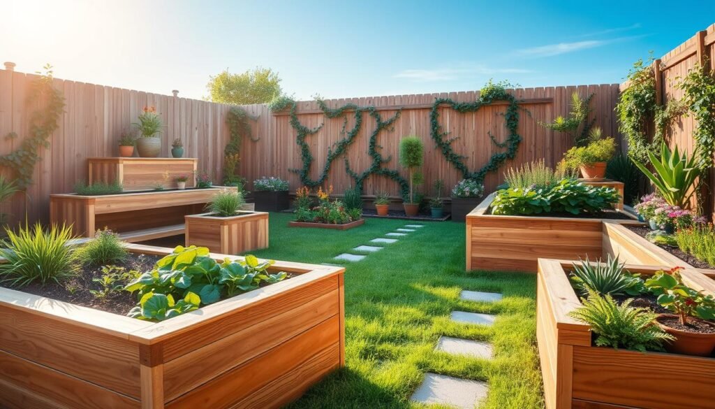 Creative L-shaped raised garden bed designs in a small backyard, featuring multiple tiers filled with vibrant vegetables and flowers. In the foreground, the raised beds are made of natural wood, showcasing rich grain textures, and are surrounded by lush green grass. In the middle ground, pathways of smooth stones lead to various garden sections, dotted with colorful potted plants. The background includes a wooden fence with climbing vines and a clear blue sky above, casting soft, warm sunlight that highlights the greenery. The overall atmosphere is serene and inviting, emphasizing the beauty of urban gardening. The scene is captured with a focus on depth, allowing the viewer to appreciate the garden's layout and design.