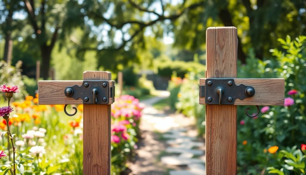 DIY marker posts crafted from reclaimed wood, featuring rustic metal accents, prominently set in a lush garden walkway. The foreground showcases a pair of beautifully weathered marker posts, adorned with decorative metal brackets and hooks, showcasing their unique textures. In the middle ground, a well-tended path winds through vibrant flowers and greenery, accentuating the charm of the markers. The background captures soft, dappled sunlight filtering through tree leaves, enhancing the inviting atmosphere of the garden. Shot in bright natural lighting with an emphasis on clarity, the angle focuses on the posts at eye level to create an engaging, immersive view. The overall mood is warm and inviting, reflecting a serene backyard retreat.