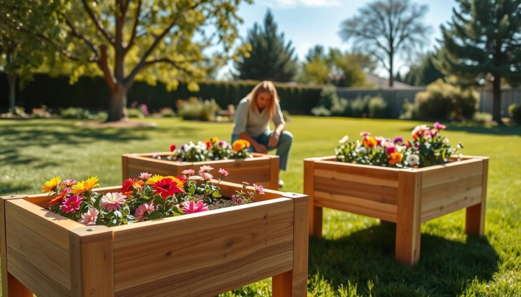 Elevated garden beds for ergonomic planting set in a sunny backyard. The foreground features beautifully constructed wooden planter boxes, designed to reduce strain while gardening. Each bed is filled with a variety of colorful flowers, showcasing a vibrant palette of petals. In the middle ground, a person in modest casual clothing tends to the garden, kneeling beside the beds. Soft sunlight filters through nearby trees, casting gentle shadows and creating a warm, inviting atmosphere. The background shows a well-maintained lawn and a clear blue sky, enhancing the overall sense of tranquility. The image captures a harmonious blend of nature and craftsmanship, emphasizing the beauty of DIY woodworking in a home garden setting. Elevated garden beds for ergonomic planting set in a sunny backyard. The foreground features beautifully constructed wooden planter boxes, designed to reduce strain while gardening. Each bed is filled with a variety of colorful flowers, showcasing a vibrant palette of petals. In the middle ground, a person in modest casual clothing tends to the garden, kneeling beside the beds. Soft sunlight filters through nearby trees, casting gentle shadows and creating a warm, inviting atmosphere. The background shows a well-maintained lawn and a clear blue sky, enhancing the overall sense of tranquility. The image captures a harmonious blend of nature and craftsmanship, emphasizing the beauty of DIY woodworking in a home garden setting.