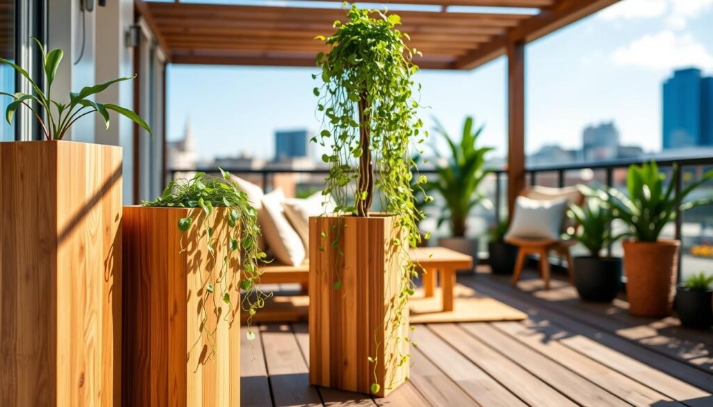 Elevated wooden planters designed for small spaces, showcasing a minimalist aesthetic with clean lines and natural finishes. In the foreground, a stylishly arranged trio of planters of varying heights, filled with vibrant green plants cascading downwards, creating a sense of verticality. The middle ground features a cozy balcony setting with wooden flooring and soft, natural textiles that enhance the space. The background includes a blurred urban landscape with a hint of blue sky peeking through, allowing sunlight to filter in and illuminate the scene. The lighting is bright and airy, with soft sunlight casting gentle shadows. The overall mood is fresh and harmonious, inviting a connection to nature within a compact living area.