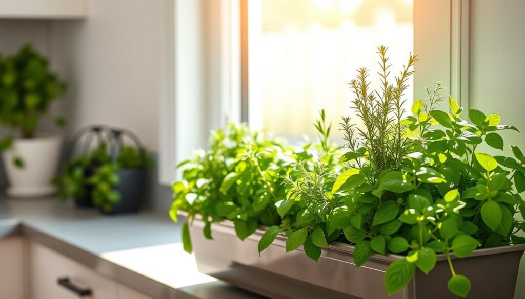 In a bright, airy kitchen setting, a stylish window box herb planter brimming with fresh herbs like basil, rosemary, and thyme takes center stage. The foreground showcases the vibrant, green foliage of the herbs, each plant distinctly styled and healthy. Moving to the middle, the window box is set against a sunlit window, allowing soft sunlight to illuminate the scene, casting gentle shadows on the countertop. The background features a blurred view of a tidy outdoor garden, emphasizing the contrast between the low-maintenance window box and traditional in-ground beds. The overall mood is serene and welcoming, highlighting the simplicity and efficiency of container gardening. Capture this scene with a soft-focus lens to enhance the warmth and hominess of the environment.
