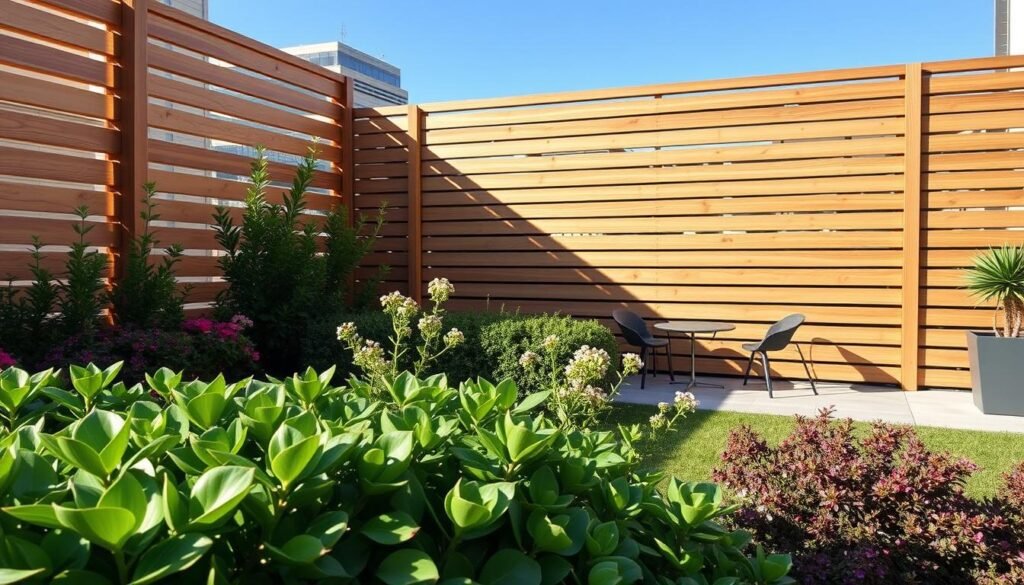 Modern horizontal slat fencing standing tall in an urban garden, crafted from natural wood with a smooth finish, showcasing clean lines and a contemporary design. In the foreground, lush green plants are intertwined with colorful flowering shrubs. The middle ground features the stylish slatted fence, casting soft shadows as warm, natural sunlight filters through the slats, creating an inviting atmosphere. In the background, a small, sleek patio area with minimalist garden furniture accentuates the modern aesthetic. The scene captures a serene, private oasis amidst the bustling city, showcasing the perfect balance of functionality and beauty in outdoor space design. The image is shot with a wide-angle lens to emphasize the breadth of the garden, under bright, clear blue skies. Modern horizontal slat fencing standing tall in an urban garden, crafted from natural wood with a smooth finish, showcasing clean lines and a contemporary design. In the foreground, lush green plants are intertwined with colorful flowering shrubs. The middle ground features the stylish slatted fence, casting soft shadows as warm, natural sunlight filters through the slats, creating an inviting atmosphere. In the background, a small, sleek patio area with minimalist garden furniture accentuates the modern aesthetic. The scene captures a serene, private oasis amidst the bustling city, showcasing the perfect balance of functionality and beauty in outdoor space design. The image is shot with a wide-angle lens to emphasize the breadth of the garden, under bright, clear blue skies.