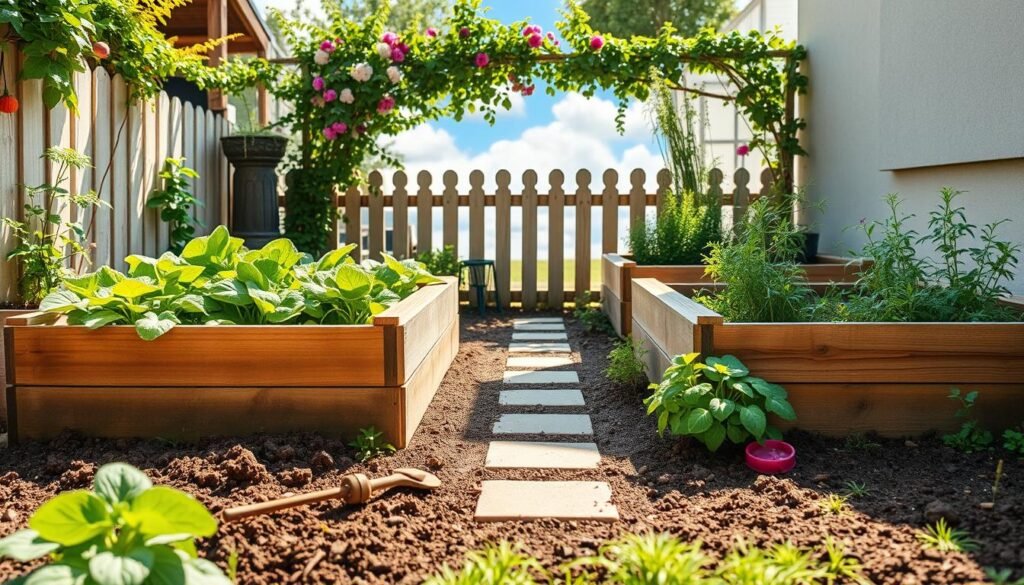 Simple raised garden beds in a small backyard setting, featuring wooden frames filled with vibrant vegetables and herbs. The foreground showcases rich soil with lush green plants, while a few garden tools rest casually nearby. In the middle ground, two well-organized raised beds intersect with a narrow stone path, creating an inviting layout. The background displays a cozy fence lined with climbing flowers and a bright blue sky peeking through soft, fluffy clouds. The scene is bathed in bright natural light, with warm, soft sunlight illuminating the greenery. The mood is tranquil and inviting, suggesting a perfect spot for gardening enthusiasts. The composition captures the essence of practical gardening in small spaces, with a focus on simplicity and functionality.