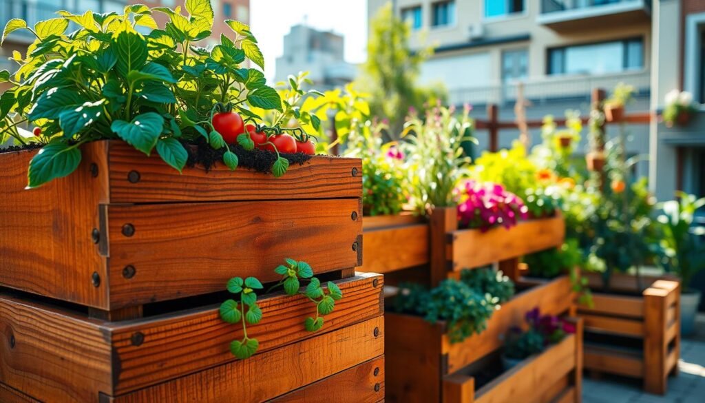 Tiered planter boxes made of rich, textured wood, filled with vibrant vegetable plants like tomatoes, lettuce, and herbs. The foreground features a close-up view of the top tier, showcasing lush greenery and soil. In the middle ground, additional tiers cascade downward, each box brimming with colorful plants, arranged artistically for visual interest. The background includes a small urban garden setting bathed in soft, warm sunlight, with a hint of blue sky peeking through. The atmosphere feels inviting and serene, with a focus on the beauty of nature in a compact space. The image is bright and airy, emphasizing the usability and charm of these stacked wooden planters.
