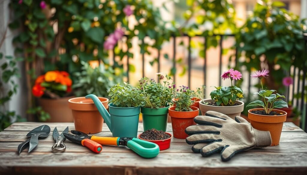 Urban gardening tools arranged artistically on a rustic wooden table, featuring bright, colorful potted plants in various sizes. The foreground showcases a trowel, pruning shears, a small watering can, and gardening gloves, all designed for small spaces. In the middle, vibrant pots filled with herbs and flowers add life and color, with soil and small plants peeking out. The background includes a softly blurred balcony setting adorned with climbing vines, bathed in warm, soft sunlight that creates an inviting atmosphere. The image captures the essence of urban gardening, highlighting the essential tools against a backdrop of lively green foliage, evoking a sense of tranquility, creativity, and the joy of container gardening in a compact space.