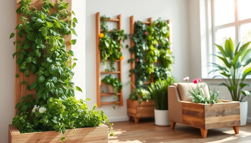 Vertical gardening solutions for tight corners, featuring a beautifully designed vertical planter made of natural wood, showcasing vibrant green herbs and flowers. In the foreground, a rustic wooden planter filled with cascading plants, right next to a cozy indoor seating area. In the middle, a wall-mounted vertical garden with an assortment of leafy greens and colorful blooms, supported by sturdy yet elegant wooden frames. The background includes a soft-lit room with natural light streaming through large windows, enhancing the sense of space. Capture the essence of tranquility in a modern home, using bright, airy lighting that creates a warm, inviting atmosphere. The angle should emphasize the vertical nature of the garden while maintaining balance with the surrounding decor.