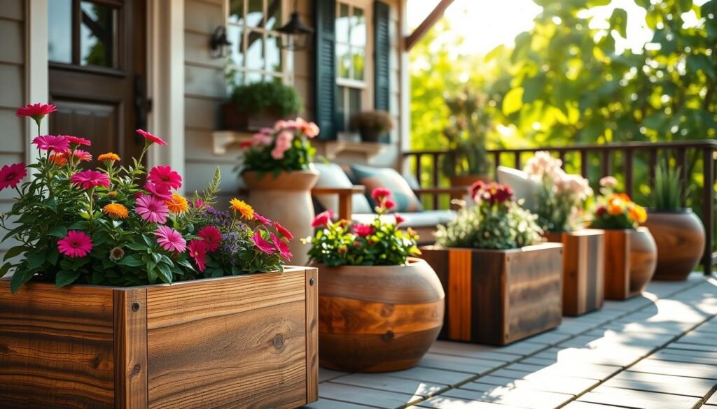 Wood planters arranged on a charming, small porch, showcasing several designs made from natural wood, including rectangular and round shapes, filled with vibrant flowers and lush greenery. The foreground features a close-up of the planters, highlighting the rich texture of the wood grain and the colorful blossoms. The middle ground reveals the rest of the porch, adorned with a cozy seating area, inviting ambiance with a few decorative cushions and a soft throw blanket. In the background, the sun filters through gentle foliage, casting soft, dappled light over the scene, creating a warm and airy atmosphere. The entire composition captures a sense of tranquility and liveliness, emphasizing the importance of incorporating natural elements into small spaces. Wood planters arranged on a charming, small porch, showcasing several designs made from natural wood, including rectangular and round shapes, filled with vibrant flowers and lush greenery. The foreground features a close-up of the planters, highlighting the rich texture of the wood grain and the colorful blossoms. The middle ground reveals the rest of the porch, adorned with a cozy seating area, inviting ambiance with a few decorative cushions and a soft throw blanket. In the background, the sun filters through gentle foliage, casting soft, dappled light over the scene, creating a warm and airy atmosphere. The entire composition captures a sense of tranquility and liveliness, emphasizing the importance of incorporating natural elements into small spaces.